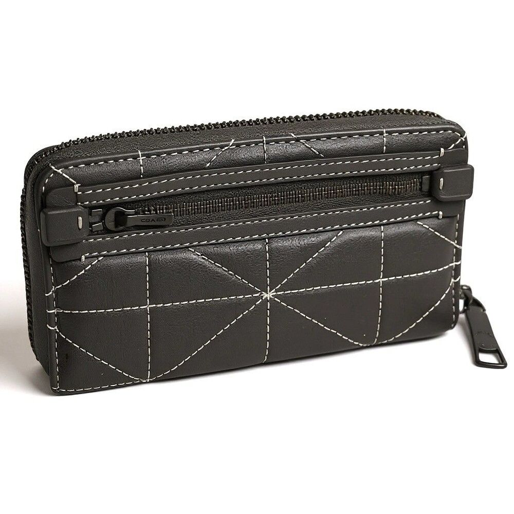 Coach Zip Around Wallet Dark Gray Quilted Leather 6 Card Compartment Full Bill